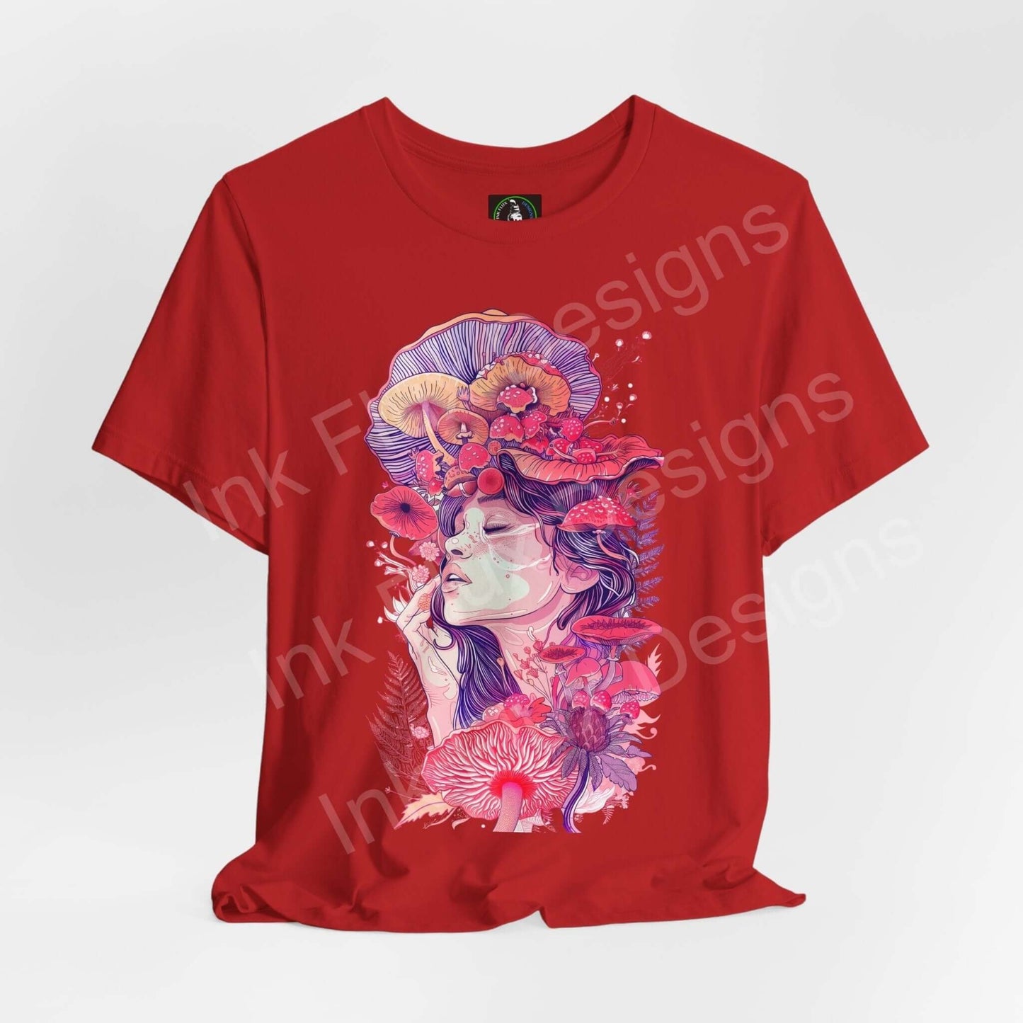 Red unisex T-shirt featuring a psychedelic 'Mushroom lady VII' graphic with bold trippy mushroom and floral designs, stylish and breathable.