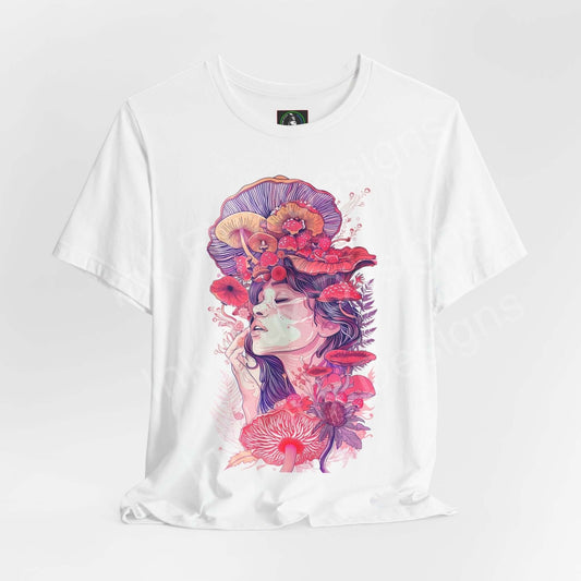 Unisex white jersey T-shirt featuring a bold, psychedelic graphic of a woman adorned with vibrant, trippy floral and mushroom designs.