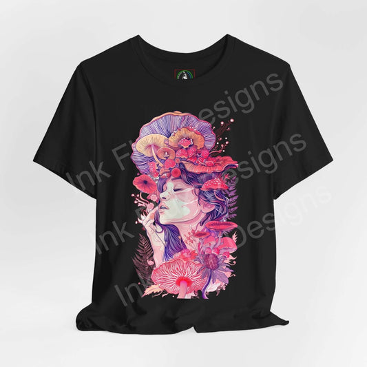 Black unisex T-shirt featuring bold, psychedelic graphic of a woman adorned with colorful, trippy mushroom and floral designs.