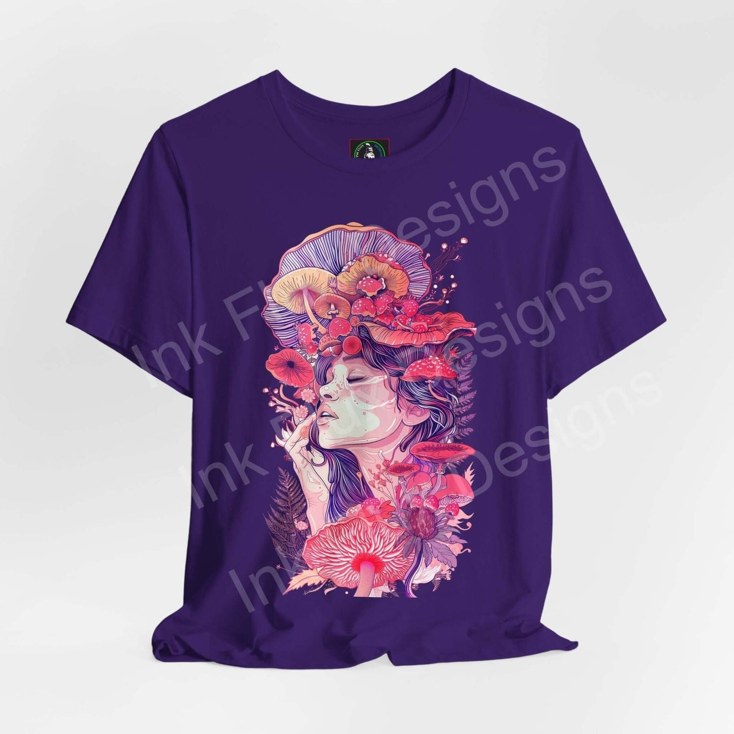 Purple unisex T-shirt featuring a bold, psychedelic graphic of a woman adorned with colorful mushrooms and flowers, exemplifying trippy and bold aesthetics.
