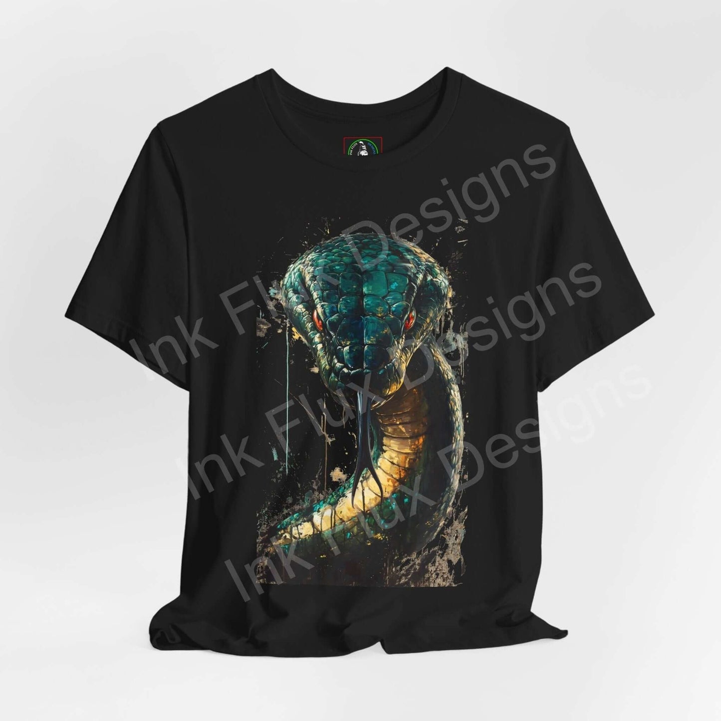 Black unisex T-shirt featuring a graphic of a mythical serpent in vibrant colors, ideal for fans of spirit animals and graphic tees.