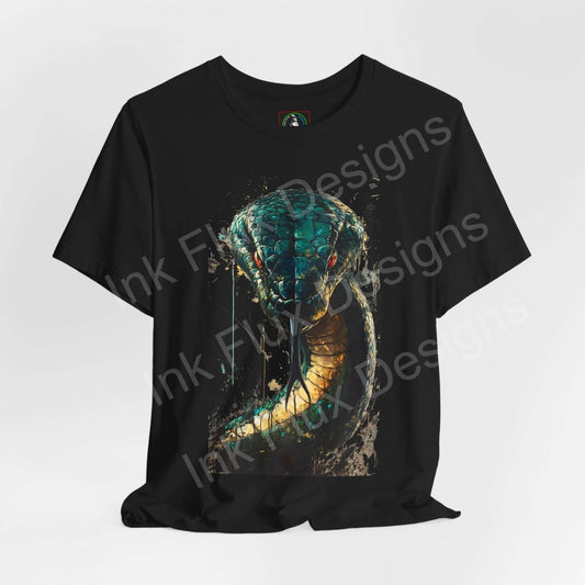 Black unisex T-shirt featuring a graphic of a mythical serpent in vibrant colors, ideal for fans of spirit animals and graphic tees.