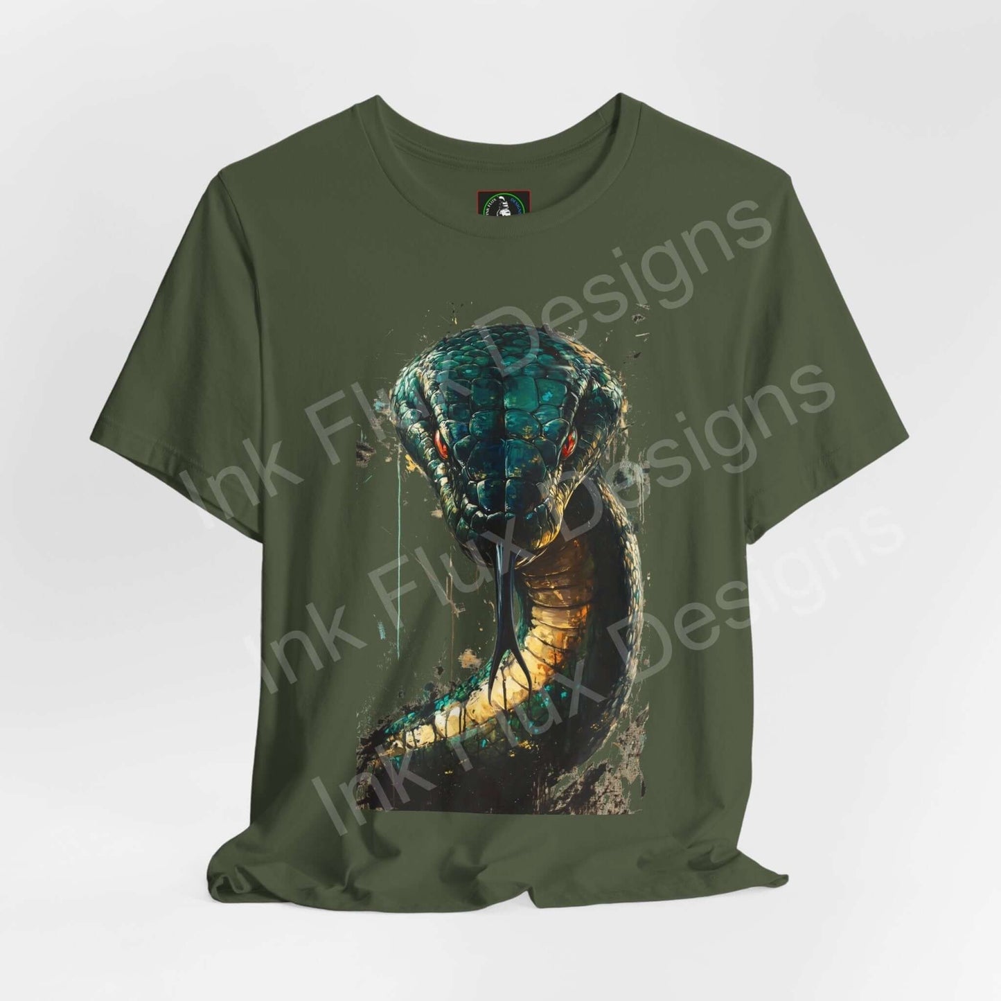Green unisex T-shirt with vibrant mythical serpent graphic, designed for style and comfort, perfect for spirit animal enthusiasts.