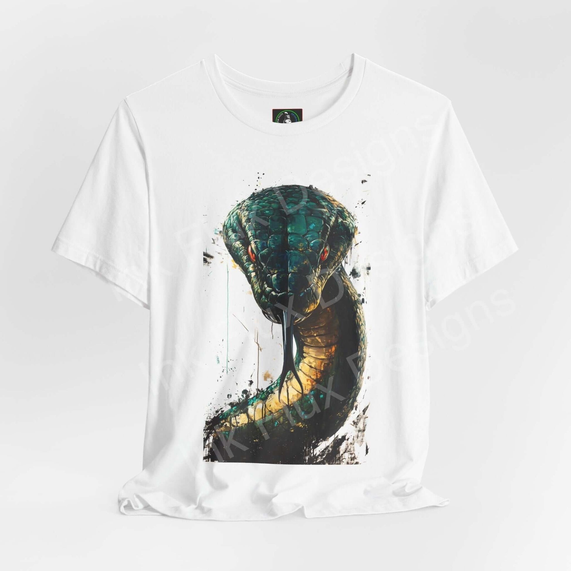 White unisex T-shirt featuring a graphic of a mythical serpent in striking colors, ideal for fans of spirit animals and graphic tees.
