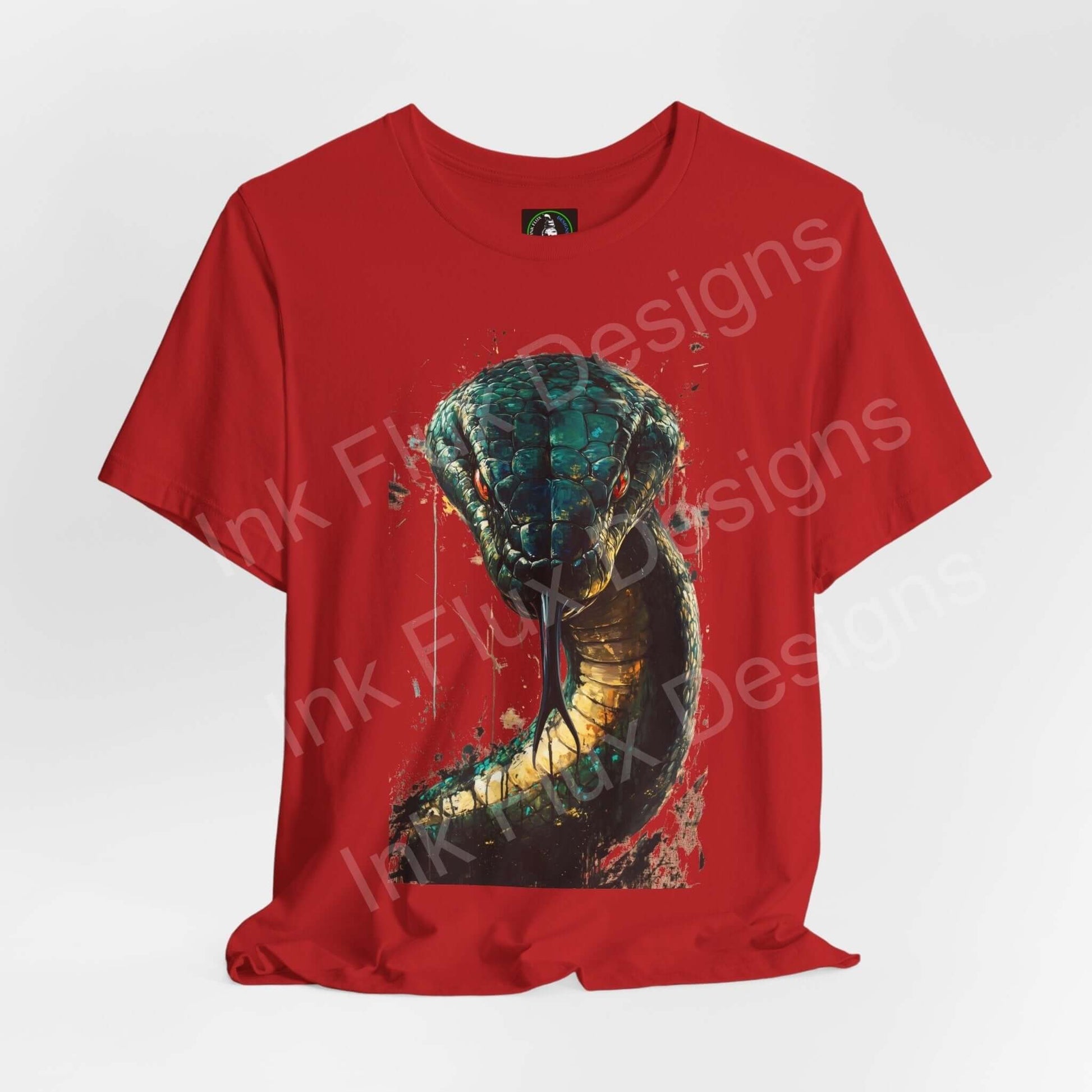 Red unisex T-shirt featuring a Mythical Serpent II graphic design, crafted from lightweight Airlume cotton, ideal for style and comfort.
