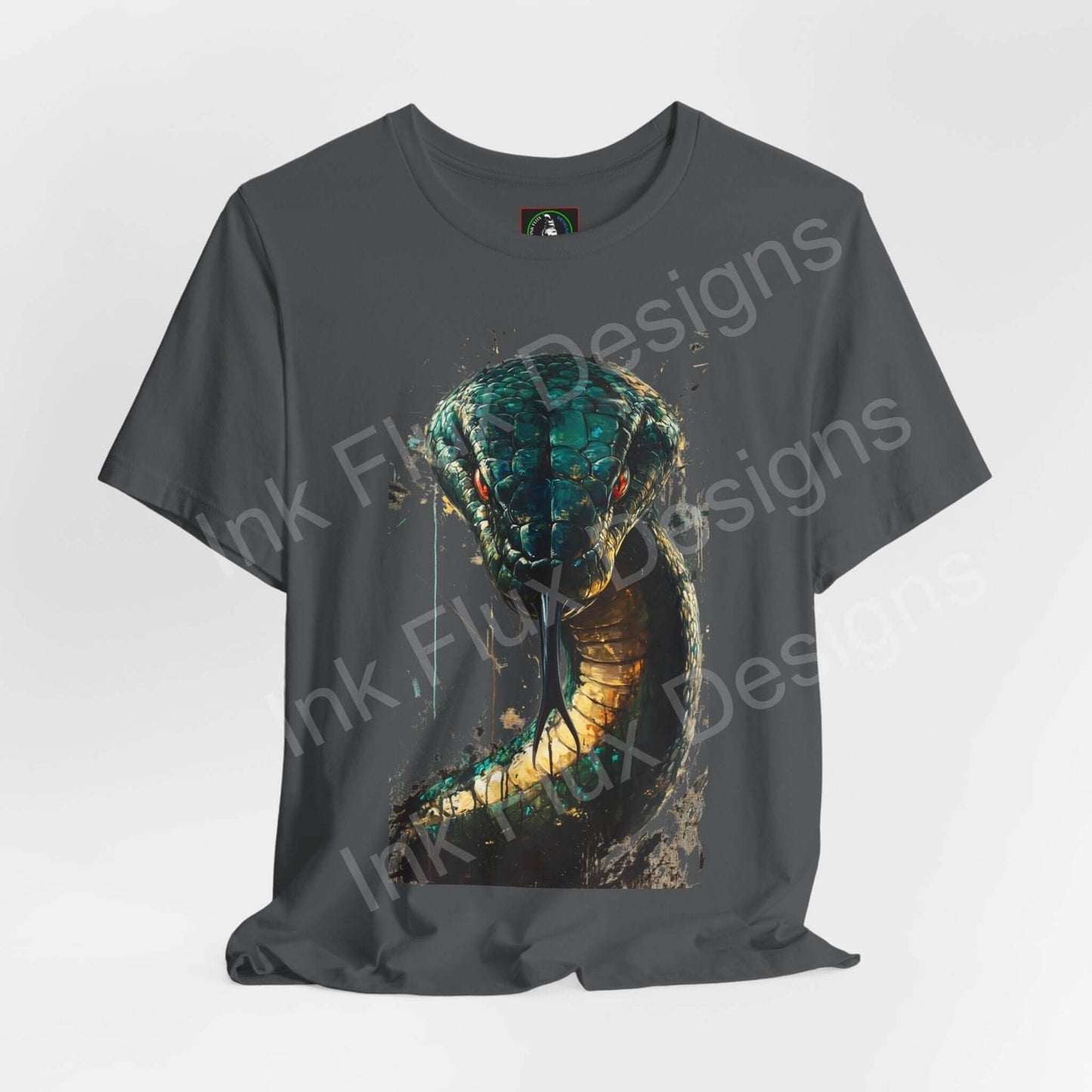 Unisex grey T-shirt featuring a mystical serpent design, ideal for lovers of spirit animals and graphic tees.