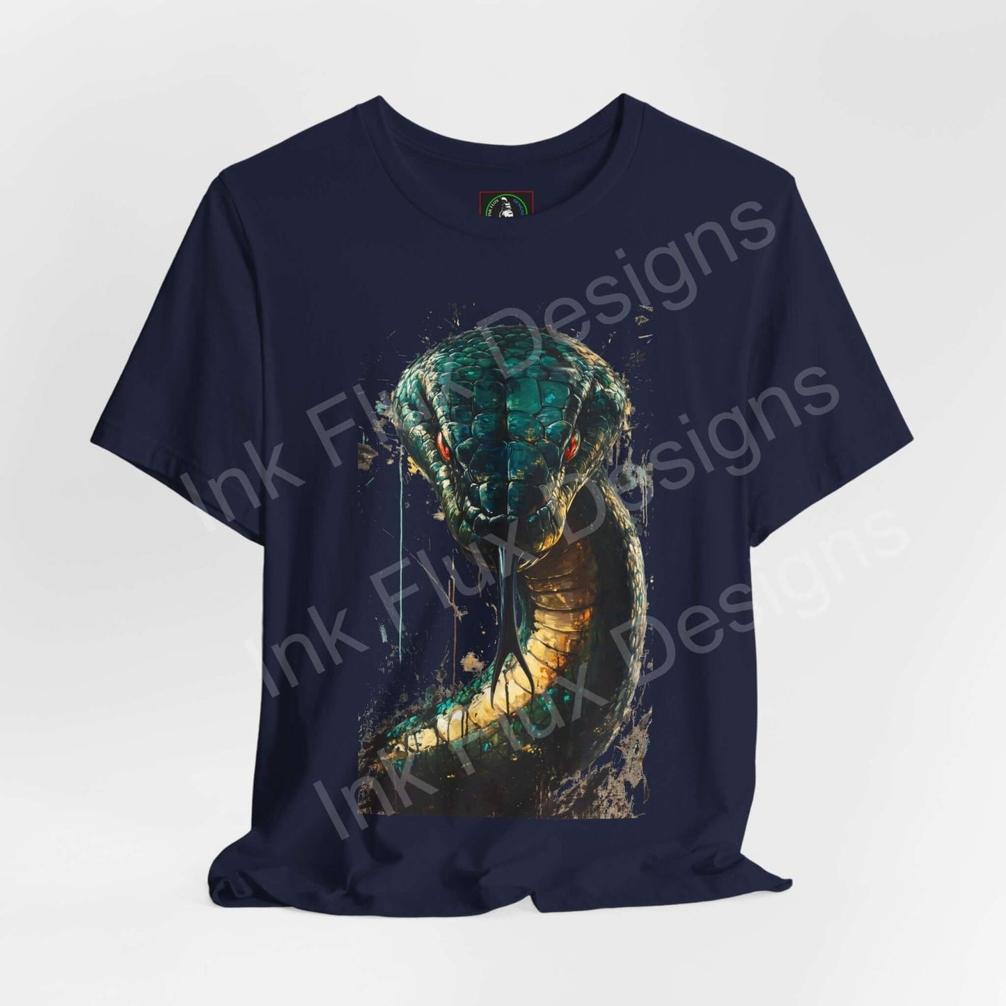Navy blue unisex T-shirt featuring a vibrant graphic of a mythical serpent, designed for style and comfort, part of the Graphic Tees collection.