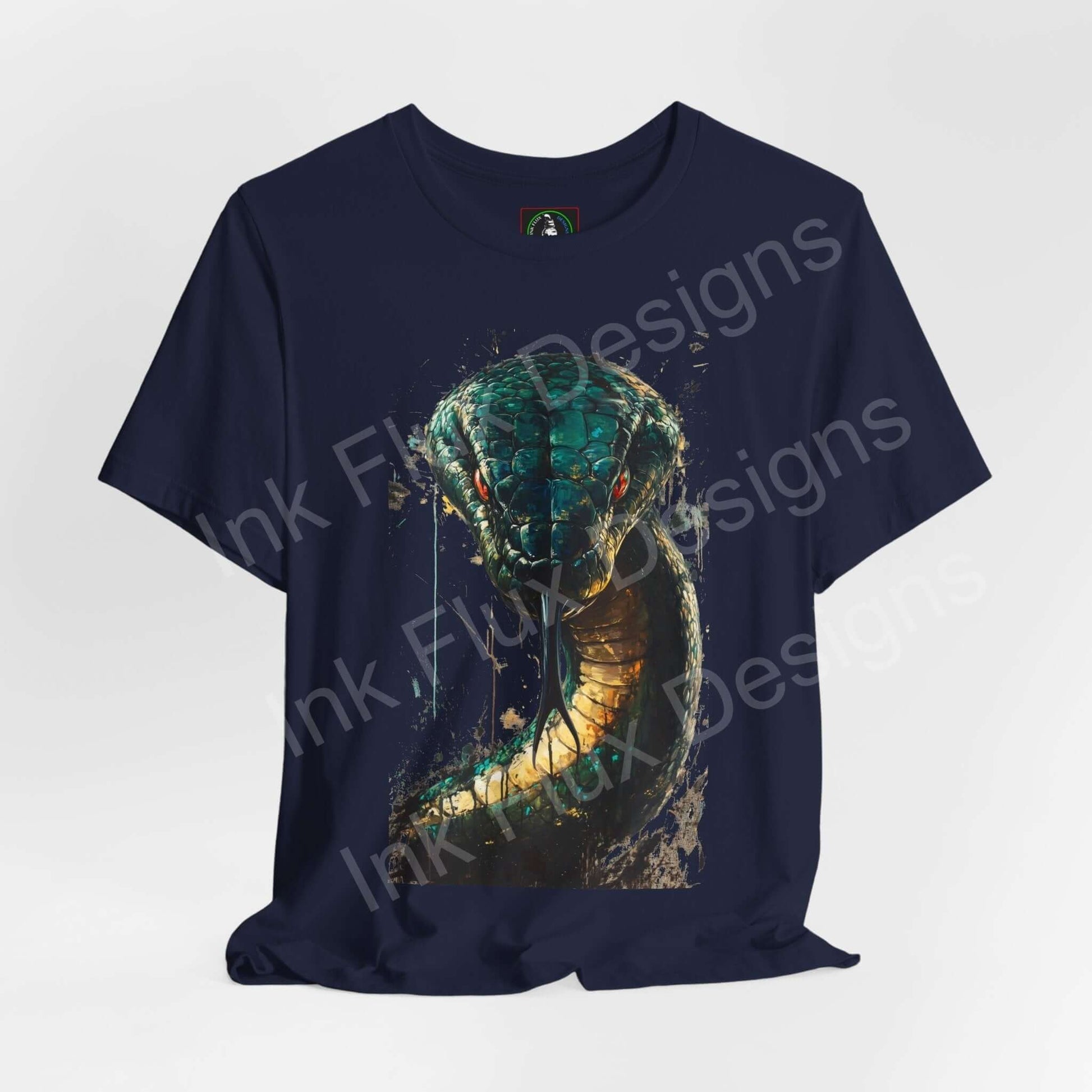 Navy blue unisex T-shirt featuring a vibrant graphic of a mythical serpent, designed for style and comfort, part of the Graphic Tees collection.