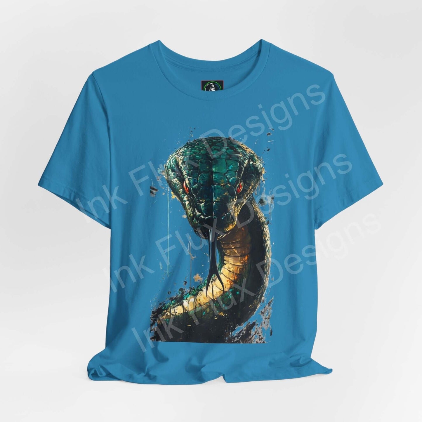 Blue unisex T-shirt featuring a graphic design of a mythical serpent, ideal for fans of spirit animals and graphic tees.