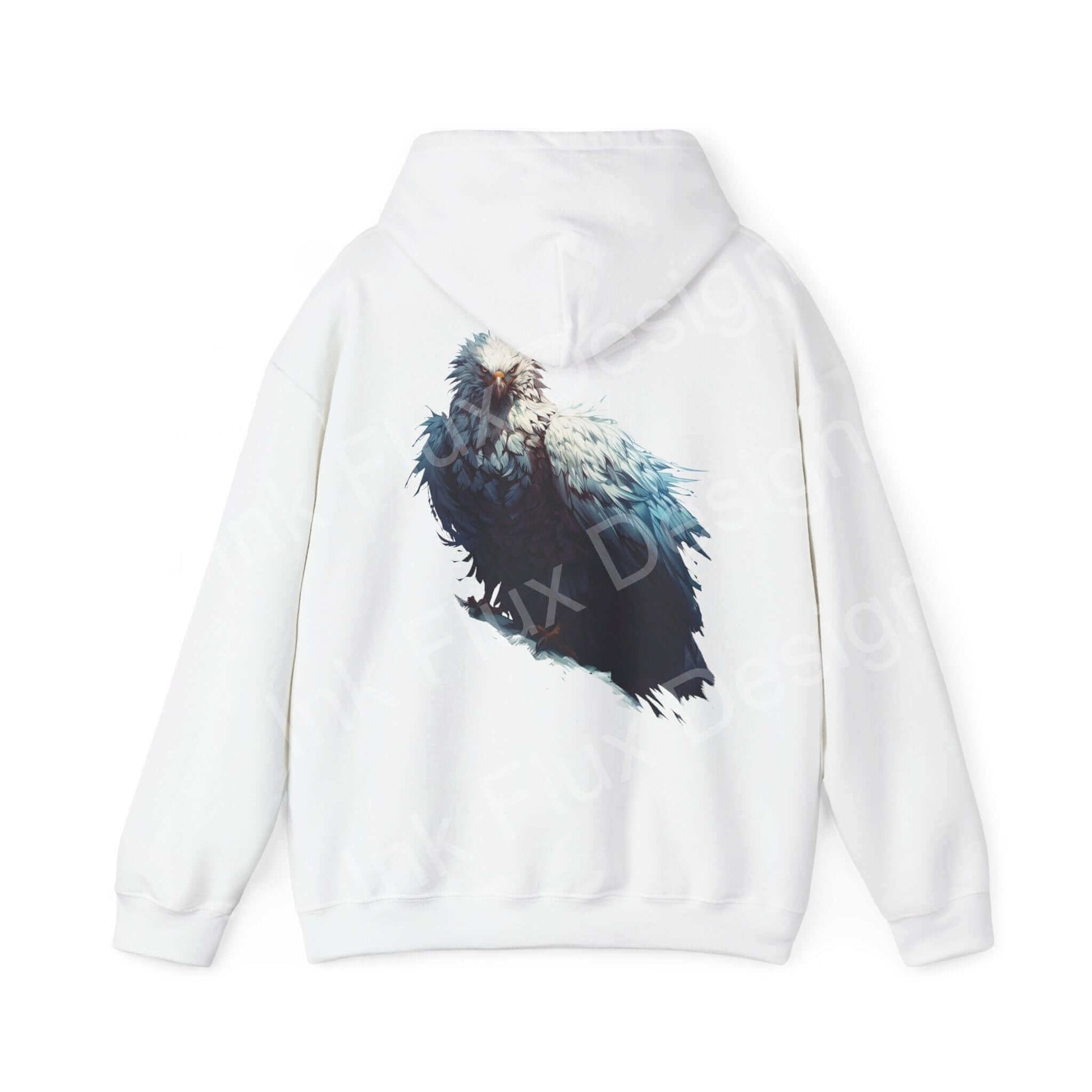 White hooded sweatshirt with a bold graphic of a mythical white eagle, ideal for those seeking stylish, graphic hoodies with unique designs.