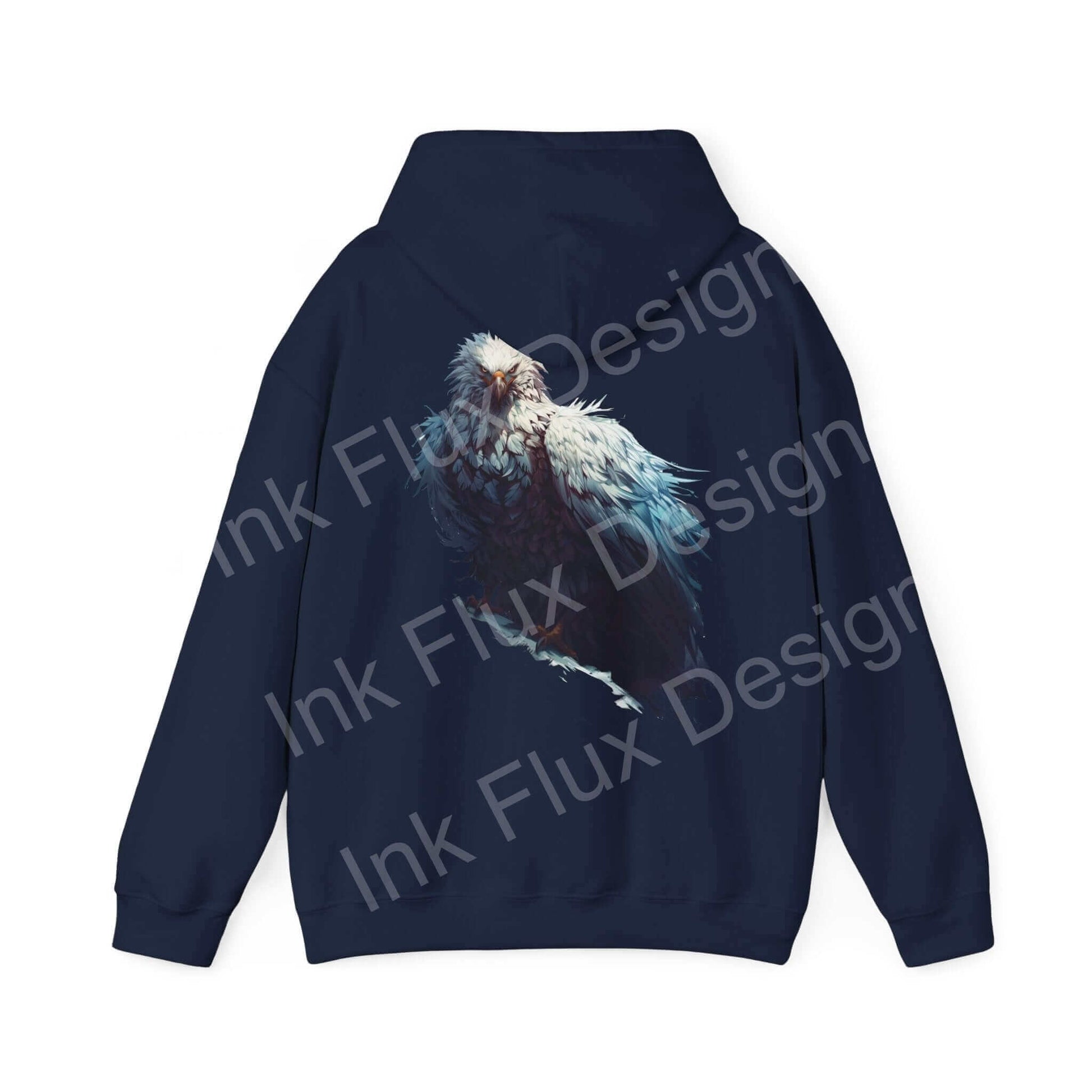 Unisex navy blue hoodie featuring a bold graphic of a mythical white eagle, perfect for stylish, cozy wear
