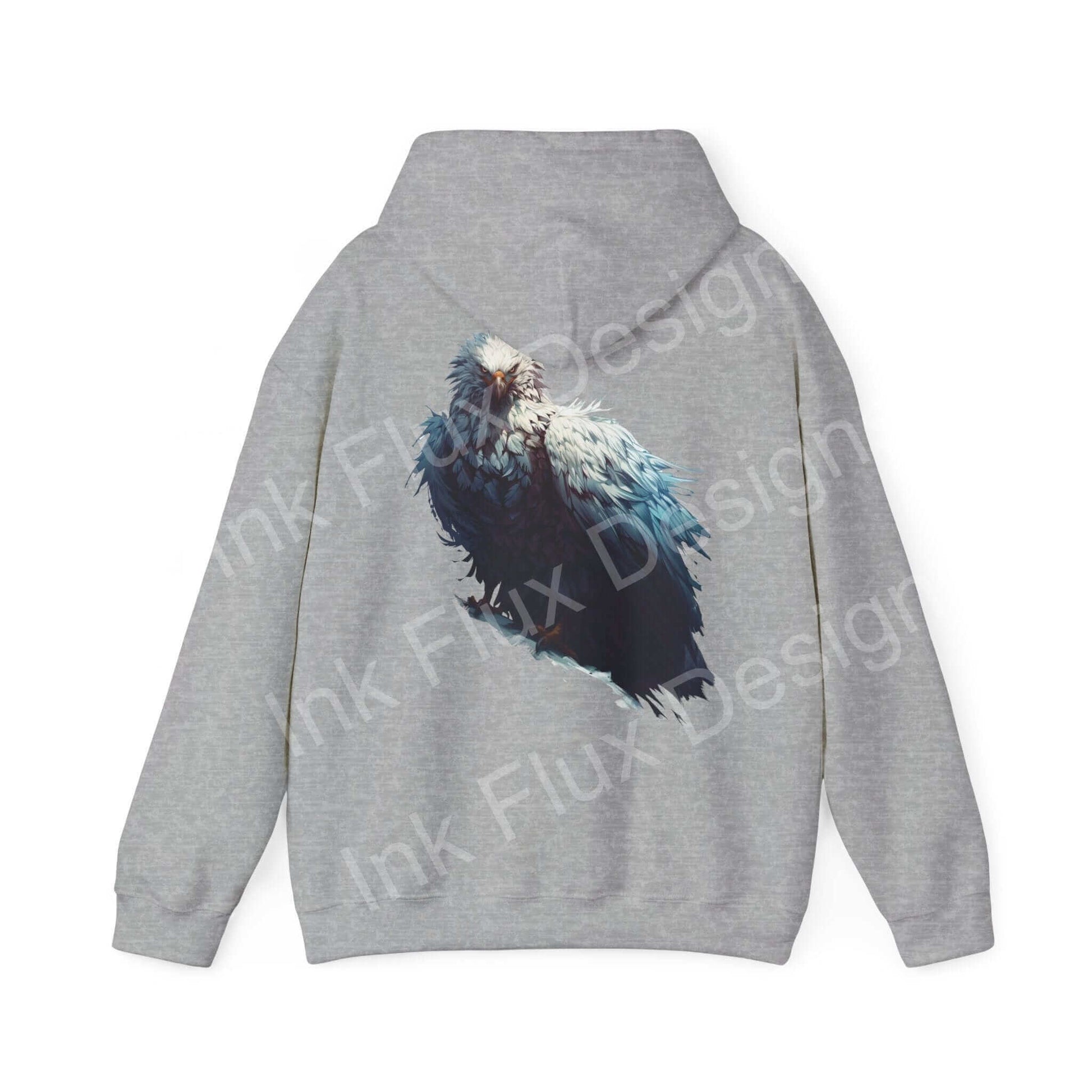 Back view of a Mythical White Eagle Hooded Sweatshirt featuring a bold eagle graphic design on gray fabric, ideal for stylish graphic hoodies enthusiasts.