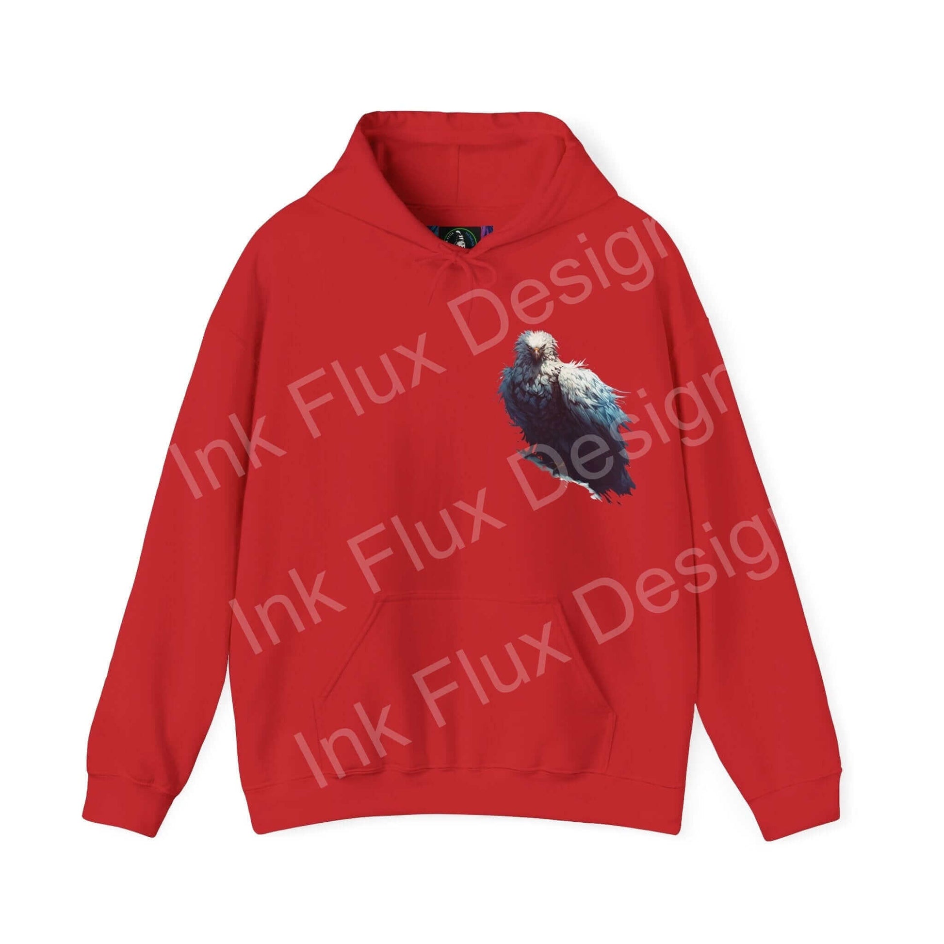 Red hooded sweatshirt with white eagle graphic design, showcasing a blend of bold and comfortable style in unisex fit