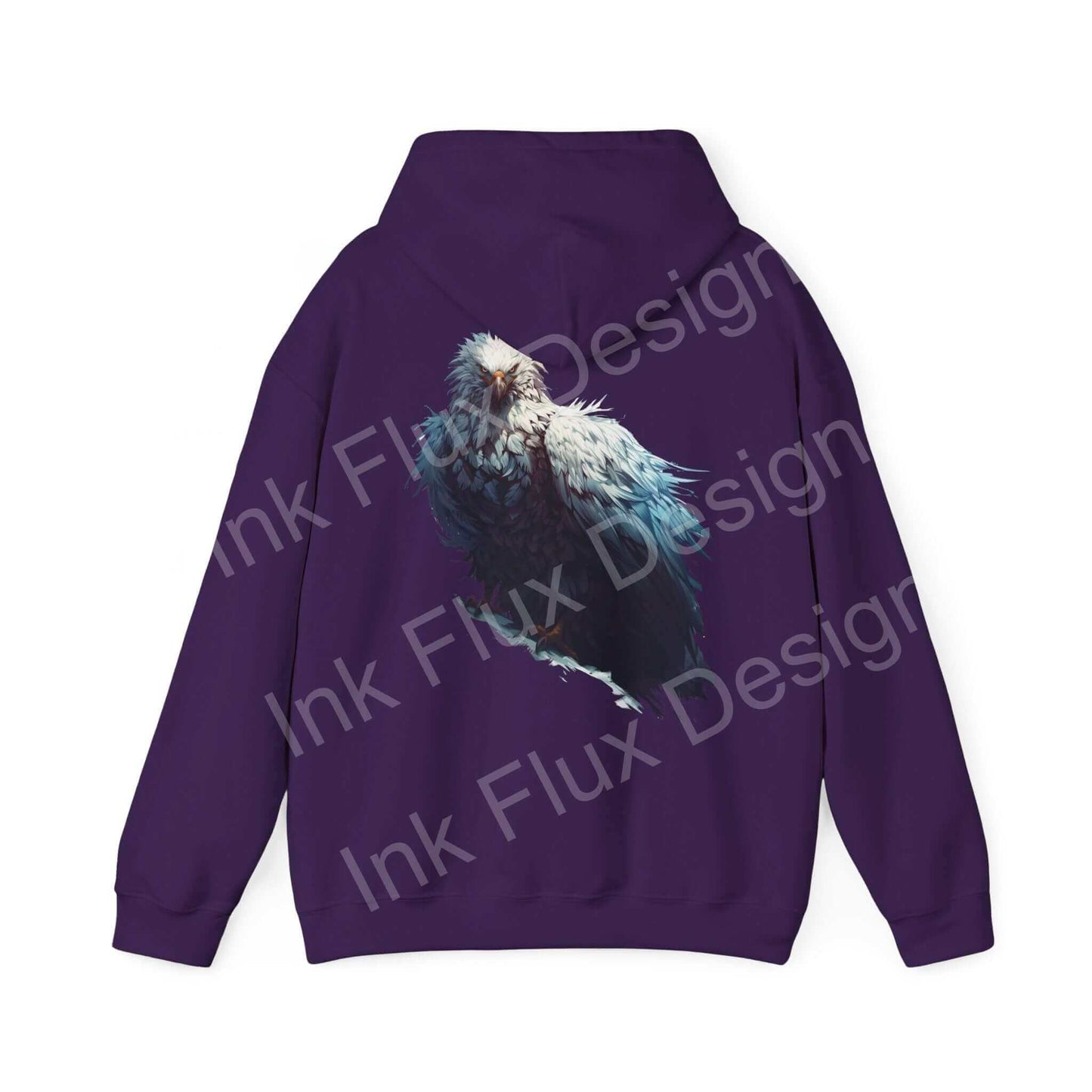 Back view of a purple Mythical White Eagle Hooded Sweatshirt featuring a bold eagle graphic design, ideal for graphic hoodies enthusiasts.