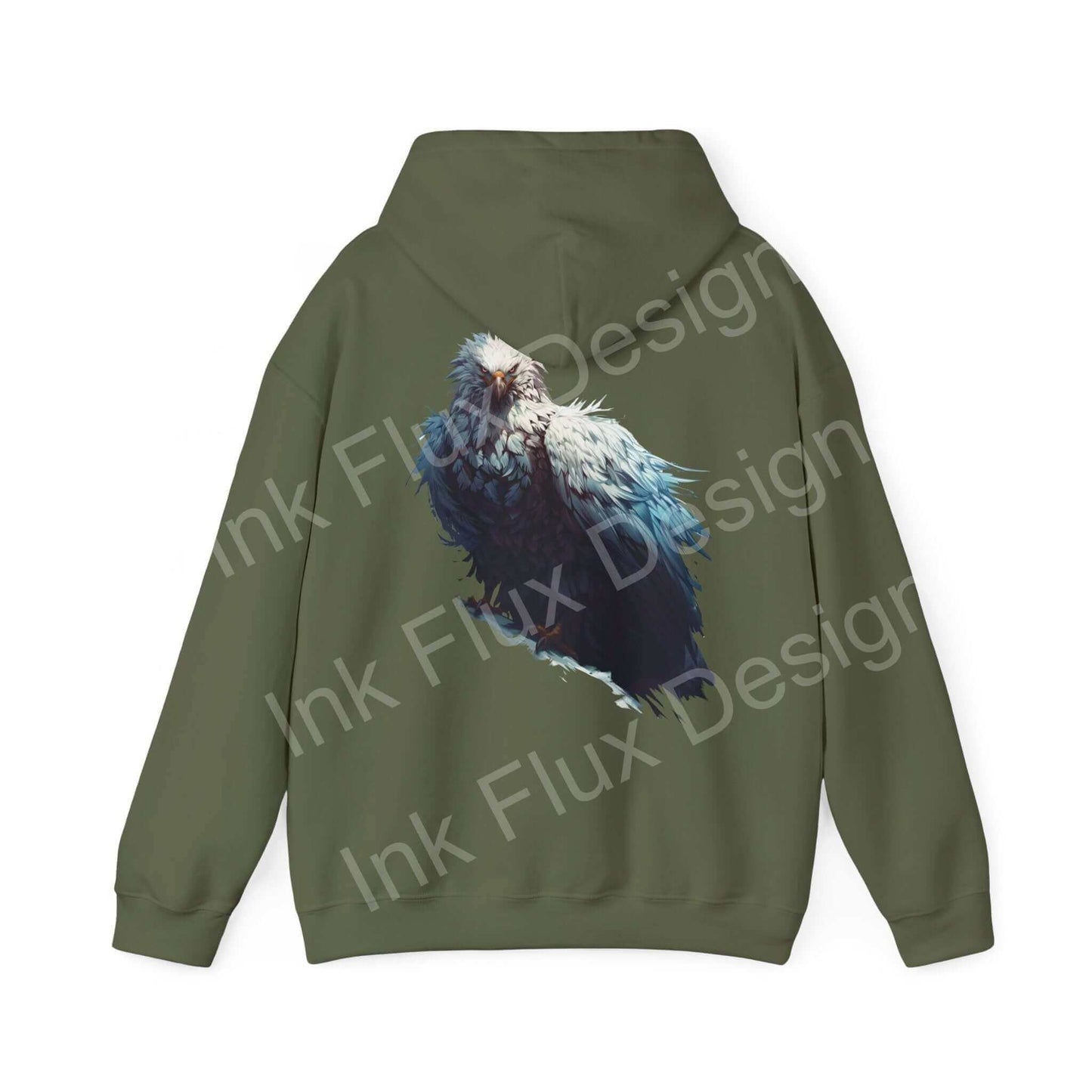 Olive green hooded sweatshirt featuring a bold graphic of a mythical white eagle, perfect for stylish, cozy wear.