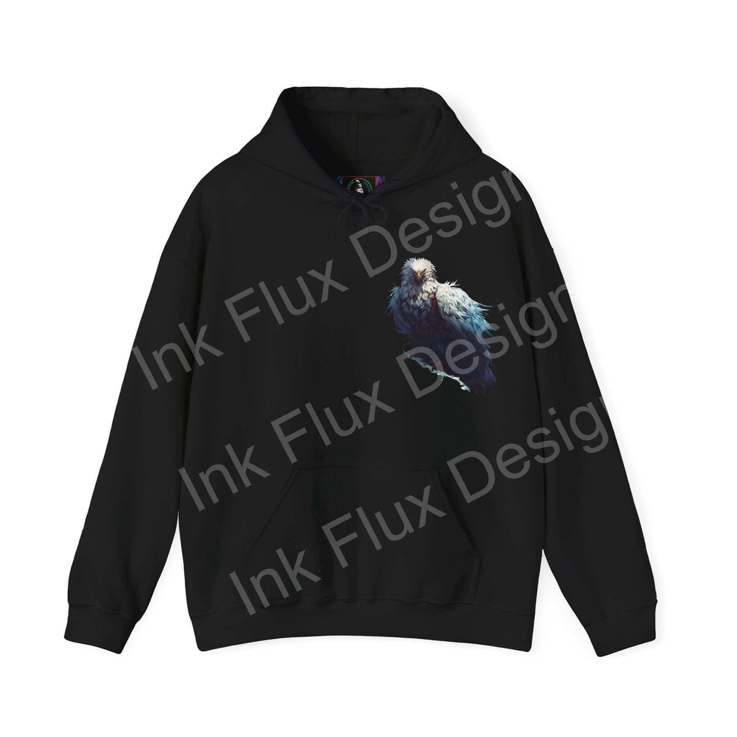 Unisex black hoodie with a bold white eagle graphic design, exemplifying stylish comfort and durability in graphic hoodies.