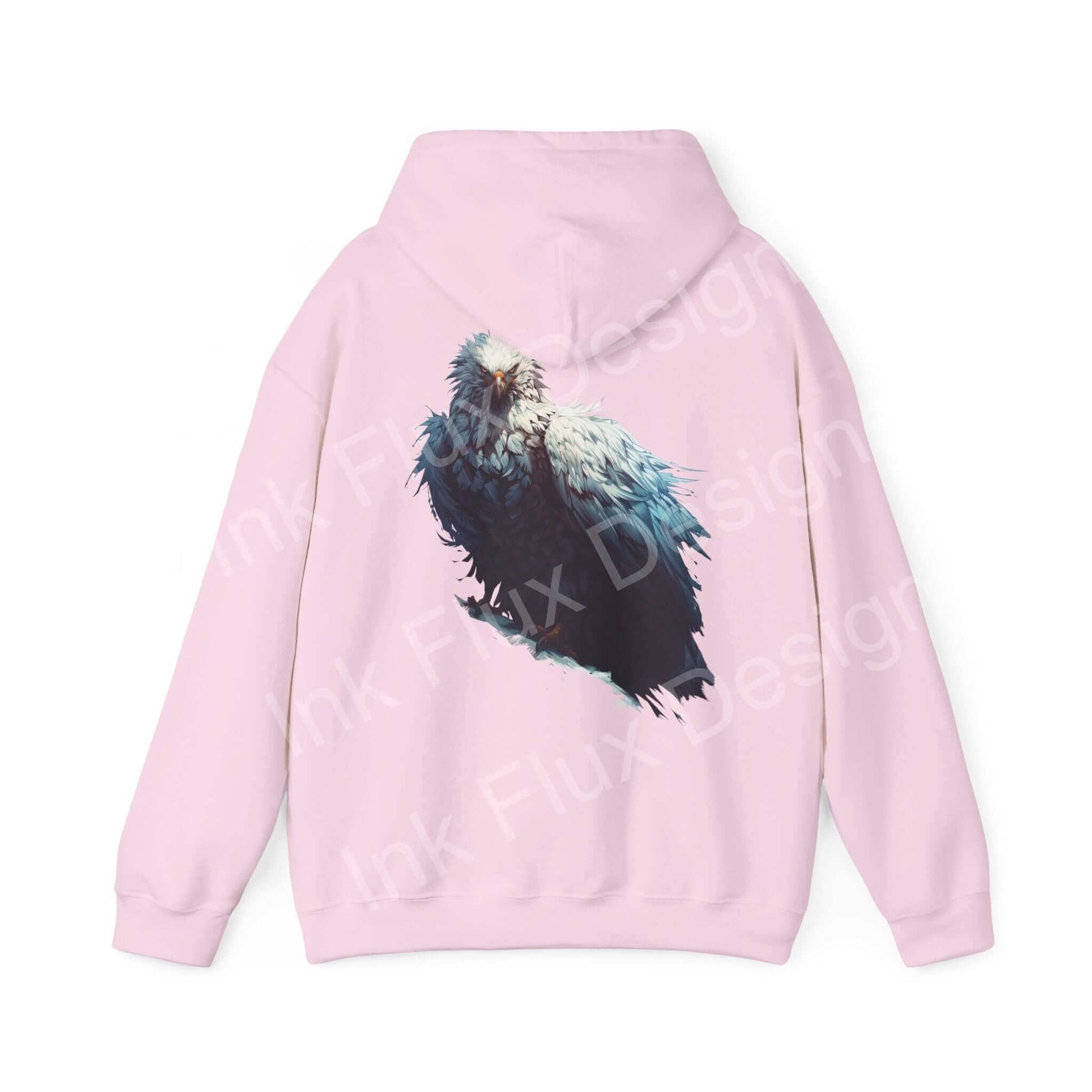 Unisex pink hooded sweatshirt with a bold graphic of a mythical white eagle, ideal for cozy, stylish wear.