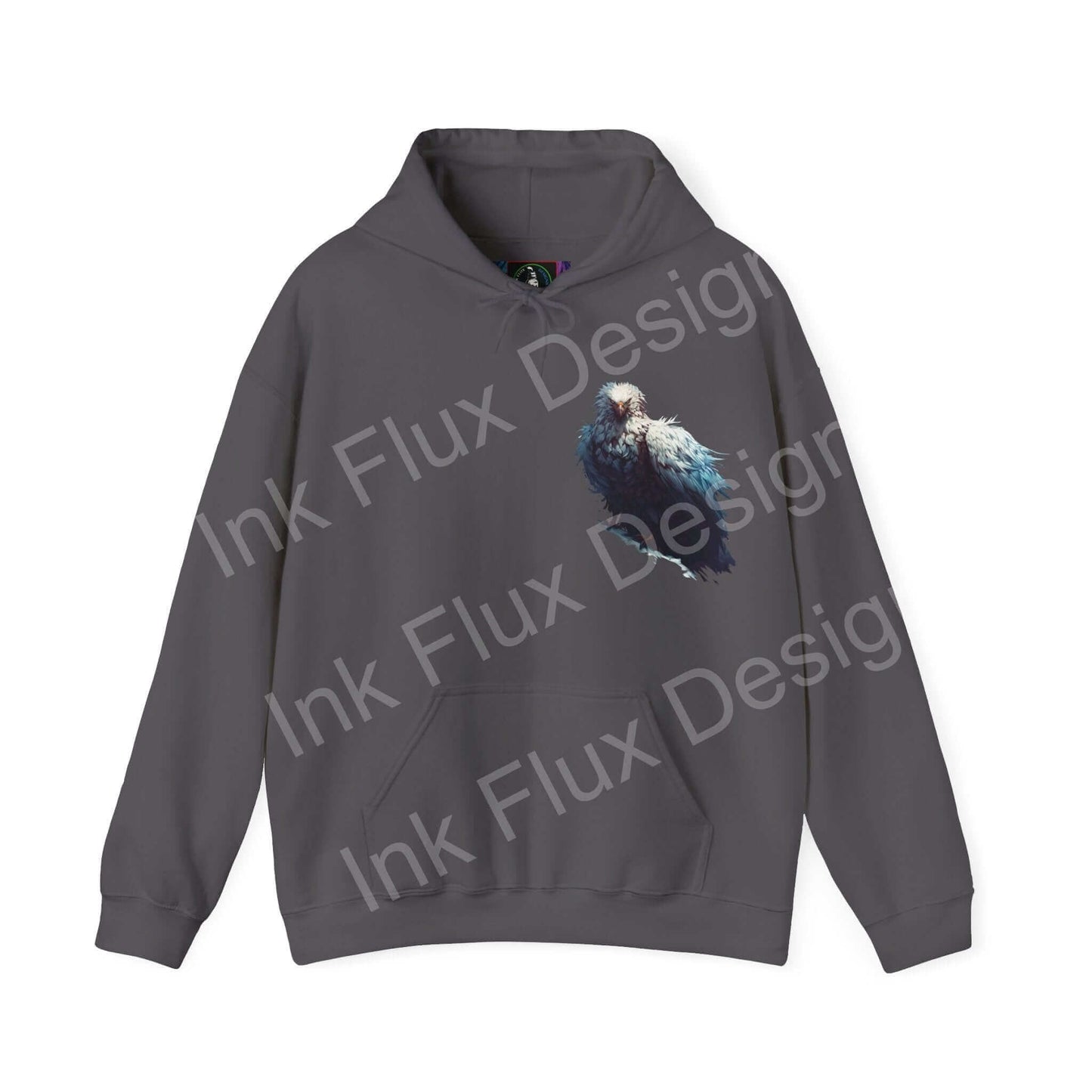 Charcoal gray hooded sweatshirt featuring a bold graphic of a mythical white eagle, ideal for fans of unique, graphic hoodies.