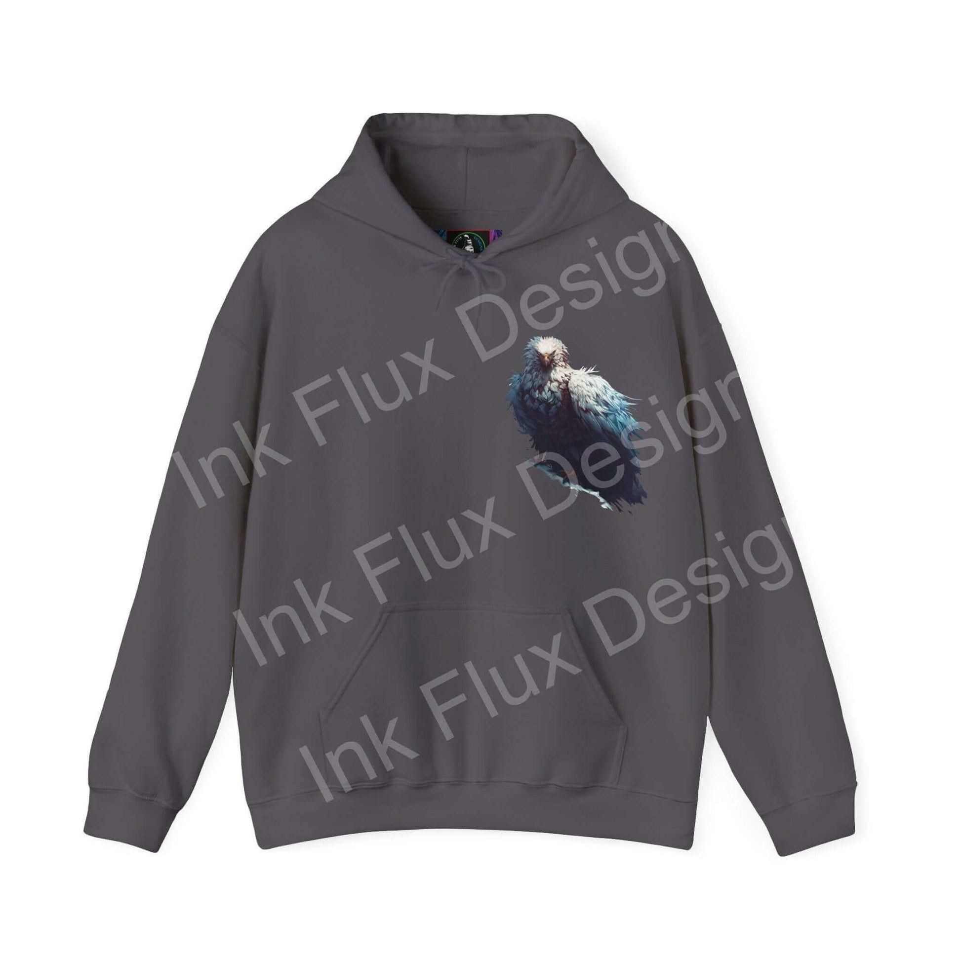 Charcoal gray hooded sweatshirt featuring a bold graphic of a mythical white eagle, ideal for fans of unique, graphic hoodies.