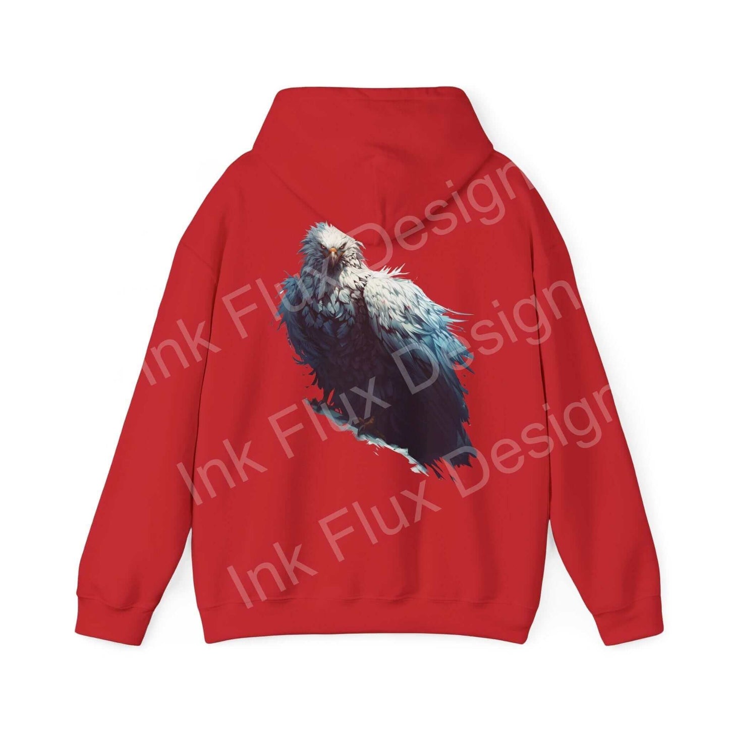 Red hooded sweatshirt featuring a bold graphic of a mythical white eagle, ideal for those who love unique graphic hoodies.