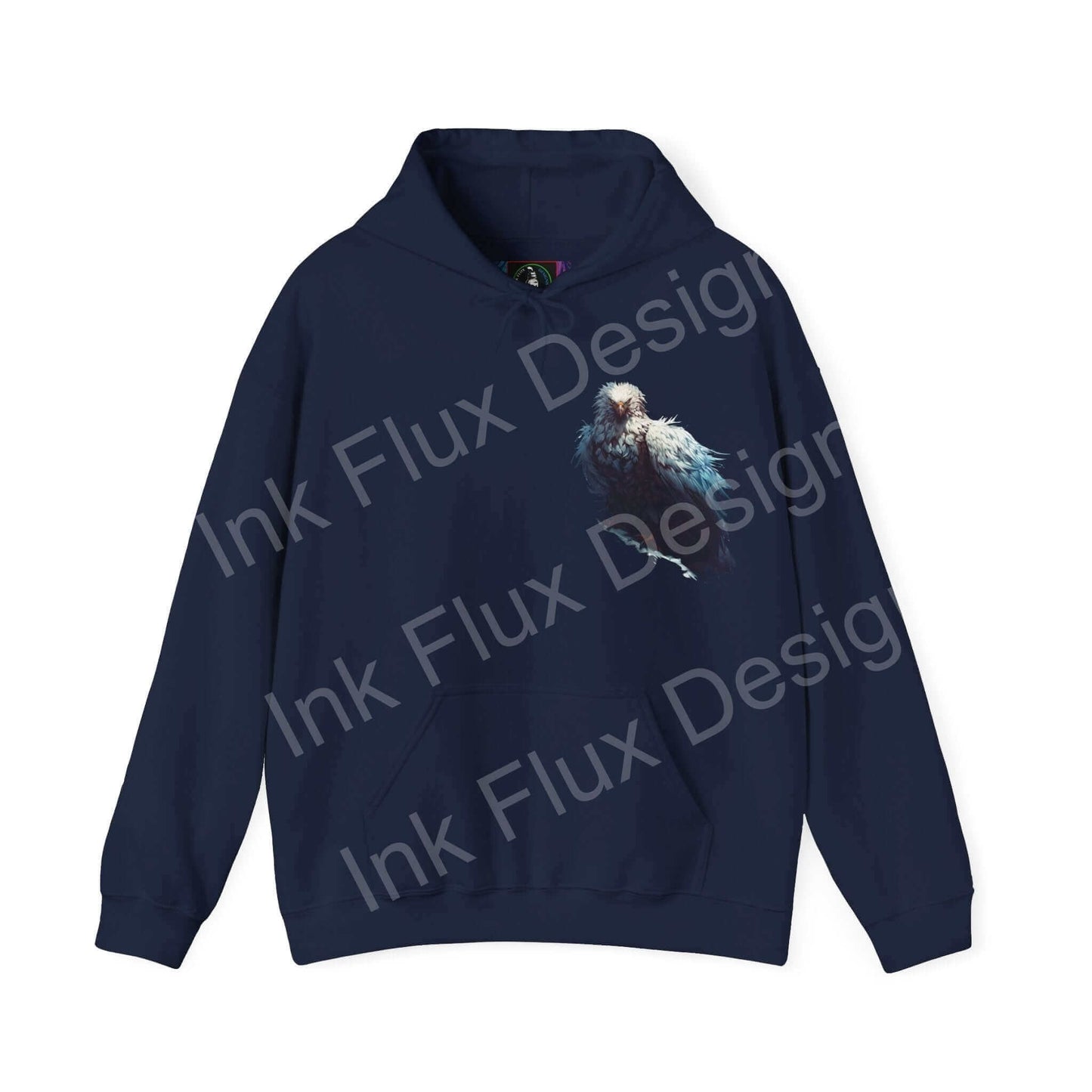 Navy blue unisex hoodie featuring a mythical white eagle graphic, ideal for bold hoodie enthusiasts seeking comfort and style.