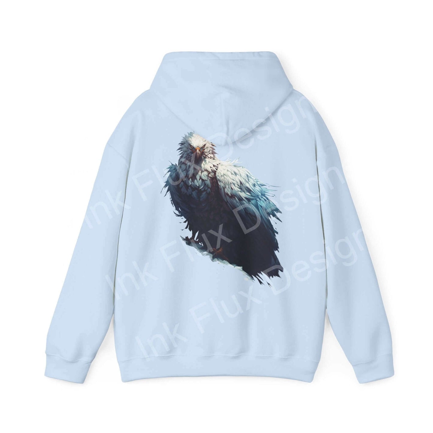 Light blue unisex hoodie featuring a bold graphic of a mythical white eagle on the back, perfect for fans of unique and stylish graphic hoodies.