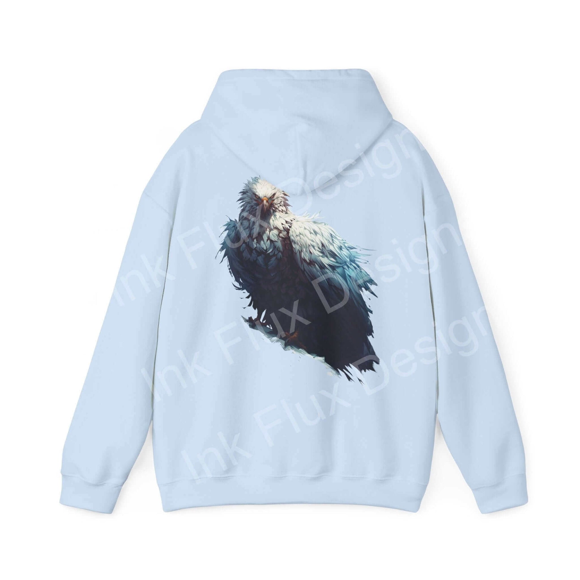 Light blue unisex hoodie featuring a bold graphic of a mythical white eagle on the back, perfect for fans of unique and stylish graphic hoodies.