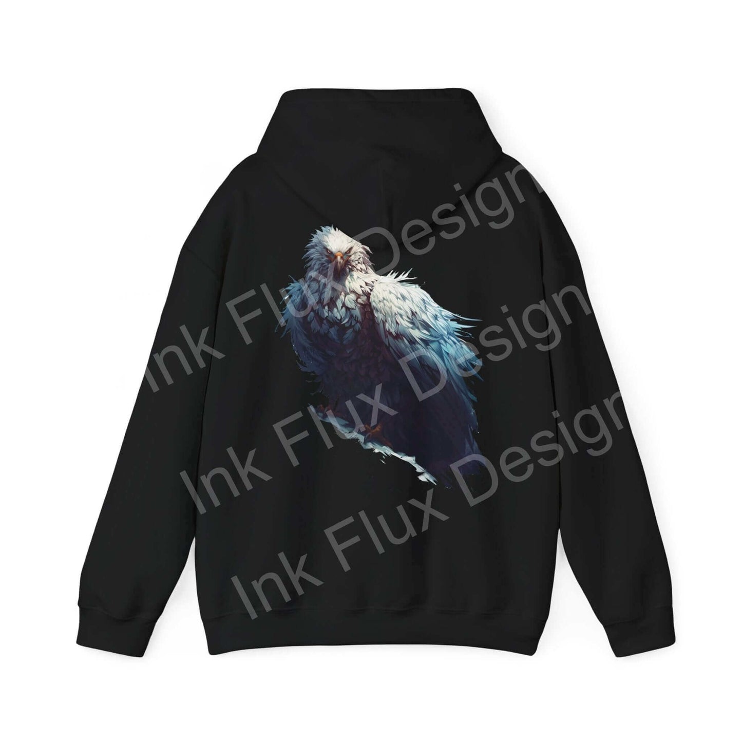 Black unisex hoodie featuring a bold graphic of a mythical white eagle, ideal for those seeking stylish, cozy apparel.