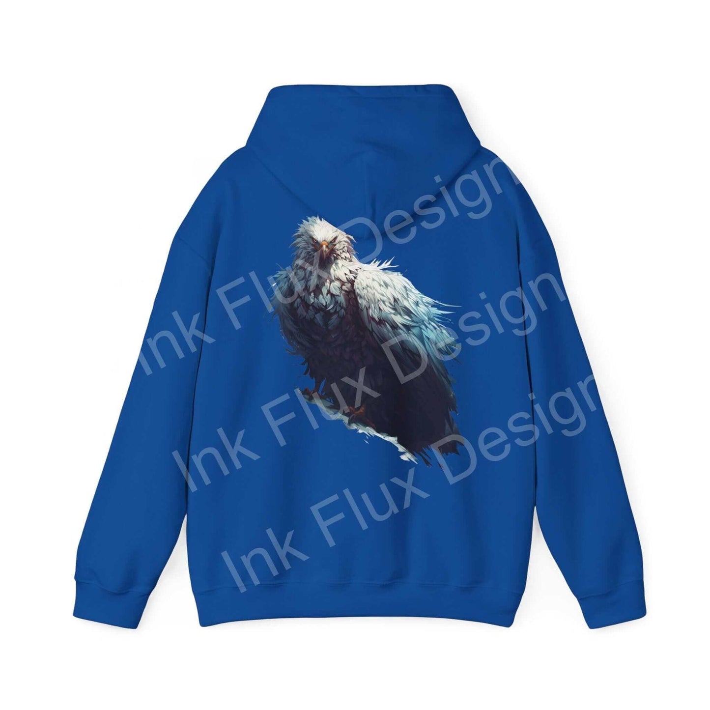 Blue hooded sweatshirt with a bold graphic of a mythical white eagle, showcasing unique, creative design in graphic hoodies.