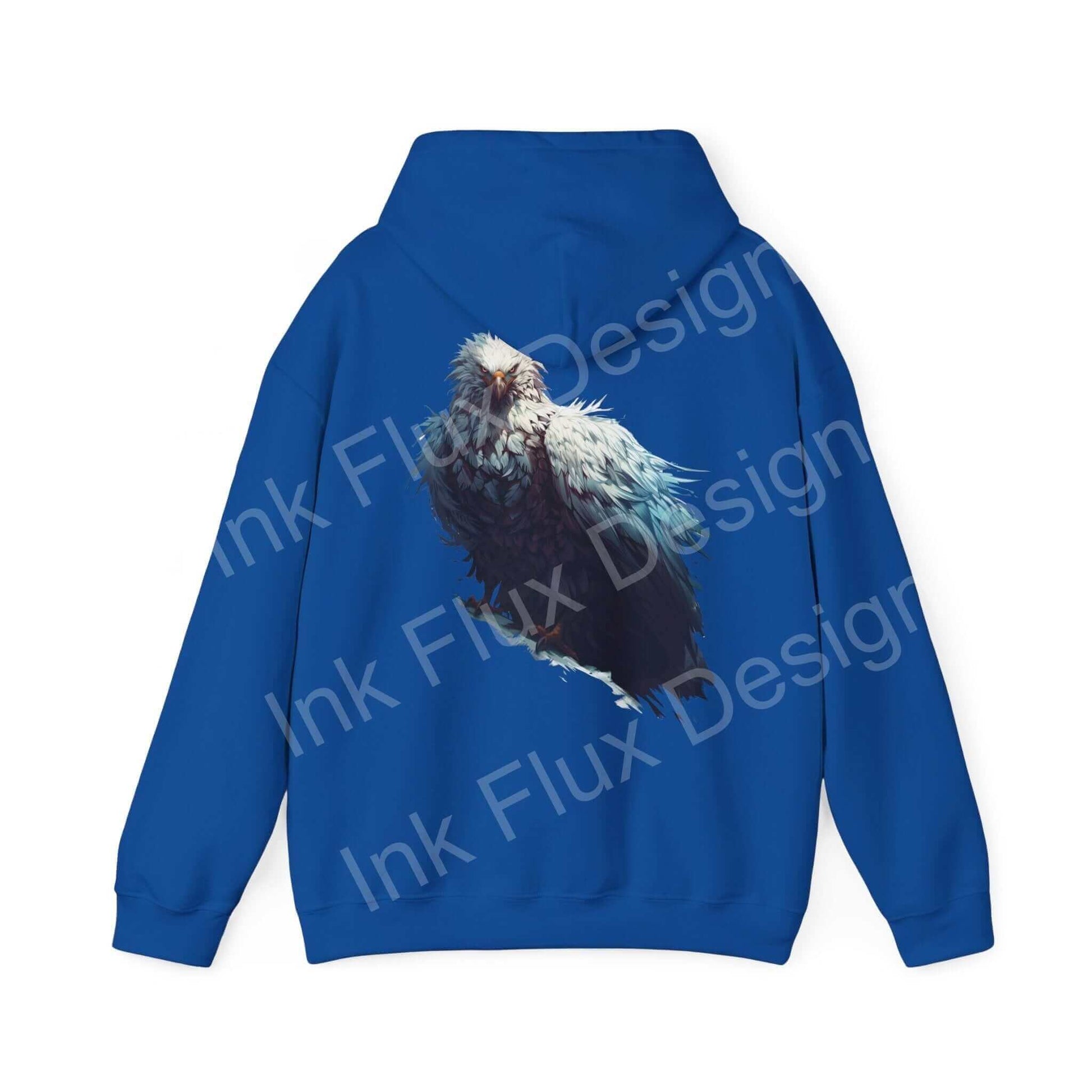 Blue hooded sweatshirt with a bold graphic of a mythical white eagle, showcasing unique, creative design in graphic hoodies.