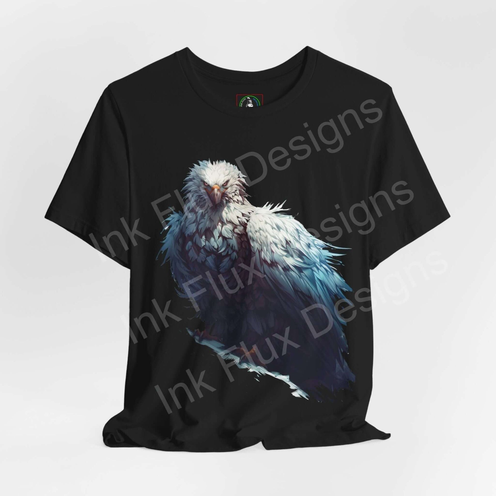 Black unisex T-shirt featuring a graphic of a mythical white eagle, designed by Ink Flux Designs, ideal for fans of spirit animals and graphic tees.