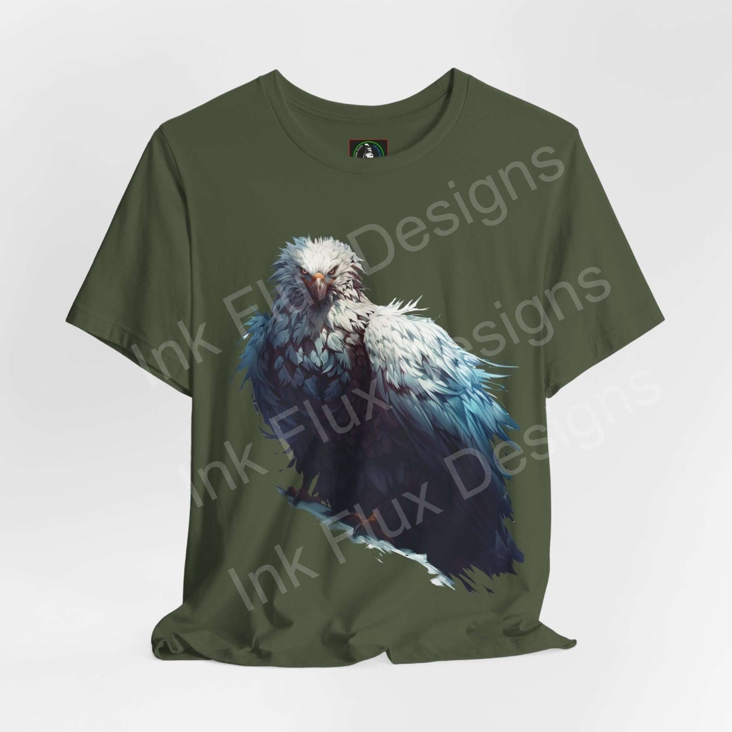 Olive green unisex T-shirt featuring a detailed graphic of a mythical white eagle, perfect for fans of spirit animals and graphic tees.