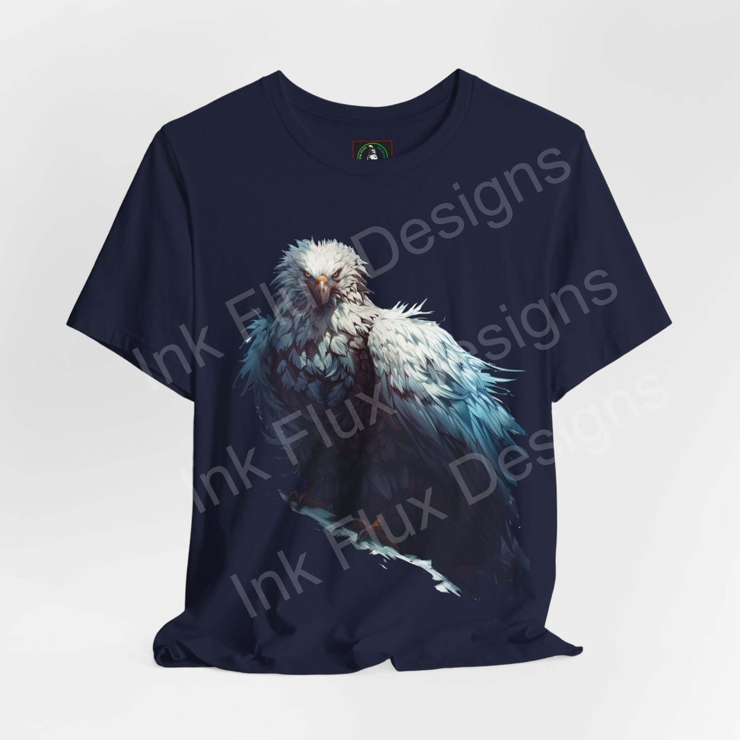 Navy blue unisex jersey T-shirt featuring a mythical white eagle graphic, crafted from breathable Airlume cotton, perfect for style and comfort.