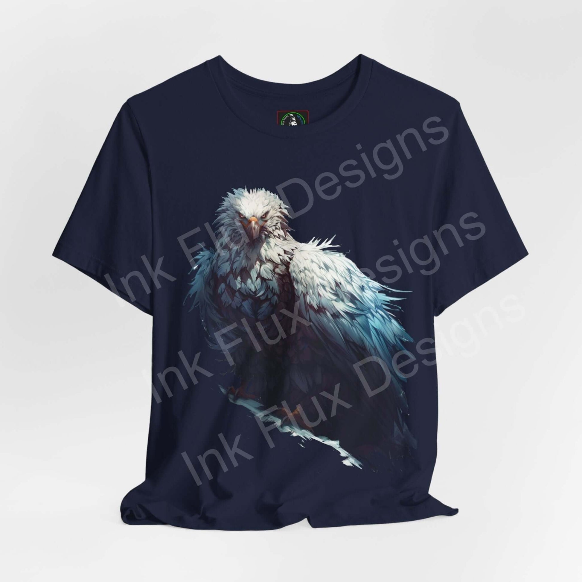 Navy blue unisex jersey T-shirt featuring a mythical white eagle graphic, crafted from breathable Airlume cotton, perfect for style and comfort.
