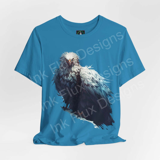 Unisex blue T-shirt featuring a graphic of a mythical white eagle, made from sustainable Airlume cotton by Bella+Canvas.