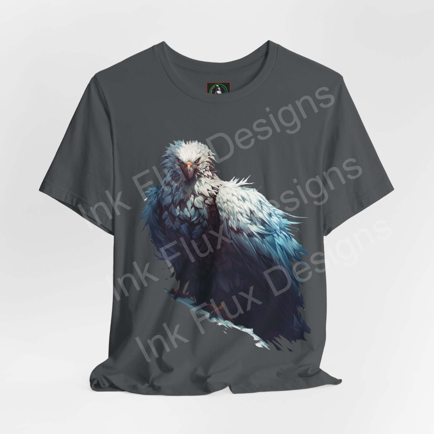 Unisex olive green T-shirt featuring graphic print of a mythical white eagle, combining both style and comfort.