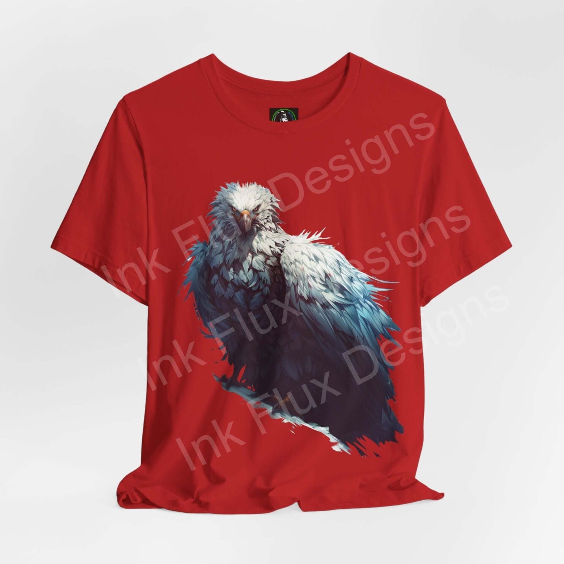 Red unisex T-shirt featuring a dynamic graphic of a mythical white eagle, ideal for lovers of spirit animals and graphic tees.
