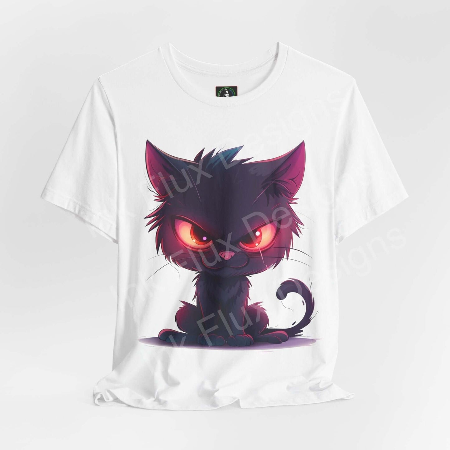 Naughty Cat II graphic tee featuring an angry black cat with glowing red eyes on a white unisex T-shirt. Perfect for cat and graphic tee enthusiasts.