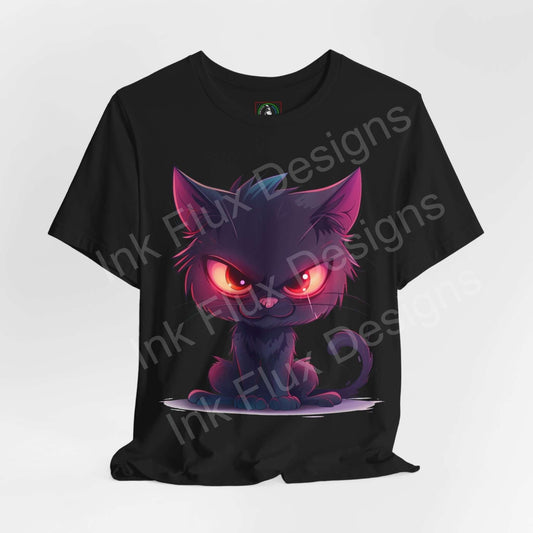 Black unisex T-shirt featuring a graphic of a naughty purple cat with glowing red eyes, ideal for cat lovers and casual wear.