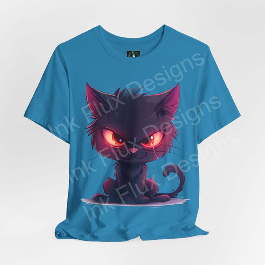 Naughty Cat II graphic tee featuring a mischievous black cat with glowing red eyes on a blue T-shirt, perfectly combining style and comfort.