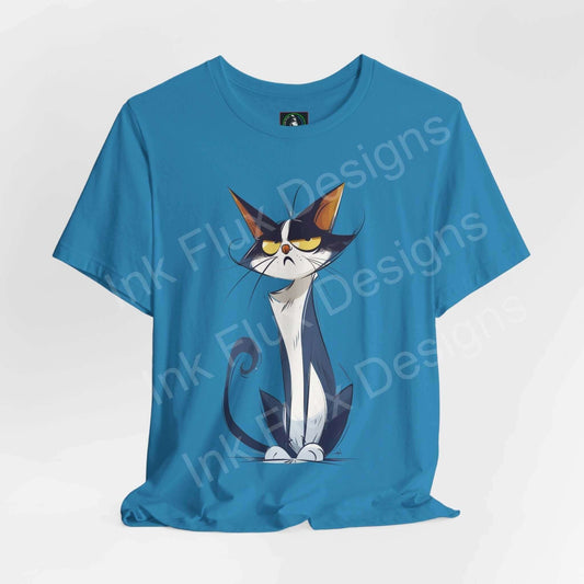 Blue unisex T-shirt featuring Naughty Cat III graphic design, perfect for cat lovers and casual wear, by Bella+Canvas.