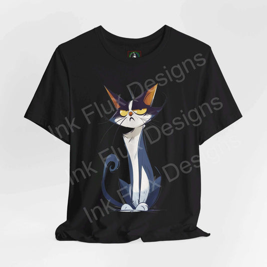 Black unisex T-shirt featuring a graphic of a stylish cat with sunglasses, part of the Naughty Cat III series, perfect for cat and graphic tee enthusiasts.