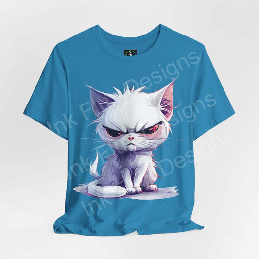 Blue unisex jersey T-shirt featuring a graphic of a naughty white cat, ideal for cat lovers and graphic tee enthusiasts.