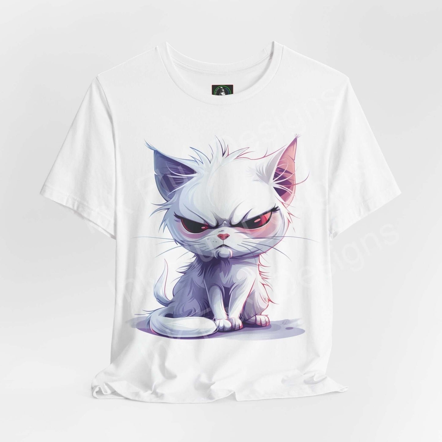 Naughty Cat graphic tee featuring an illustration of a grumpy white and purple cat on a unisex white T-shirt.