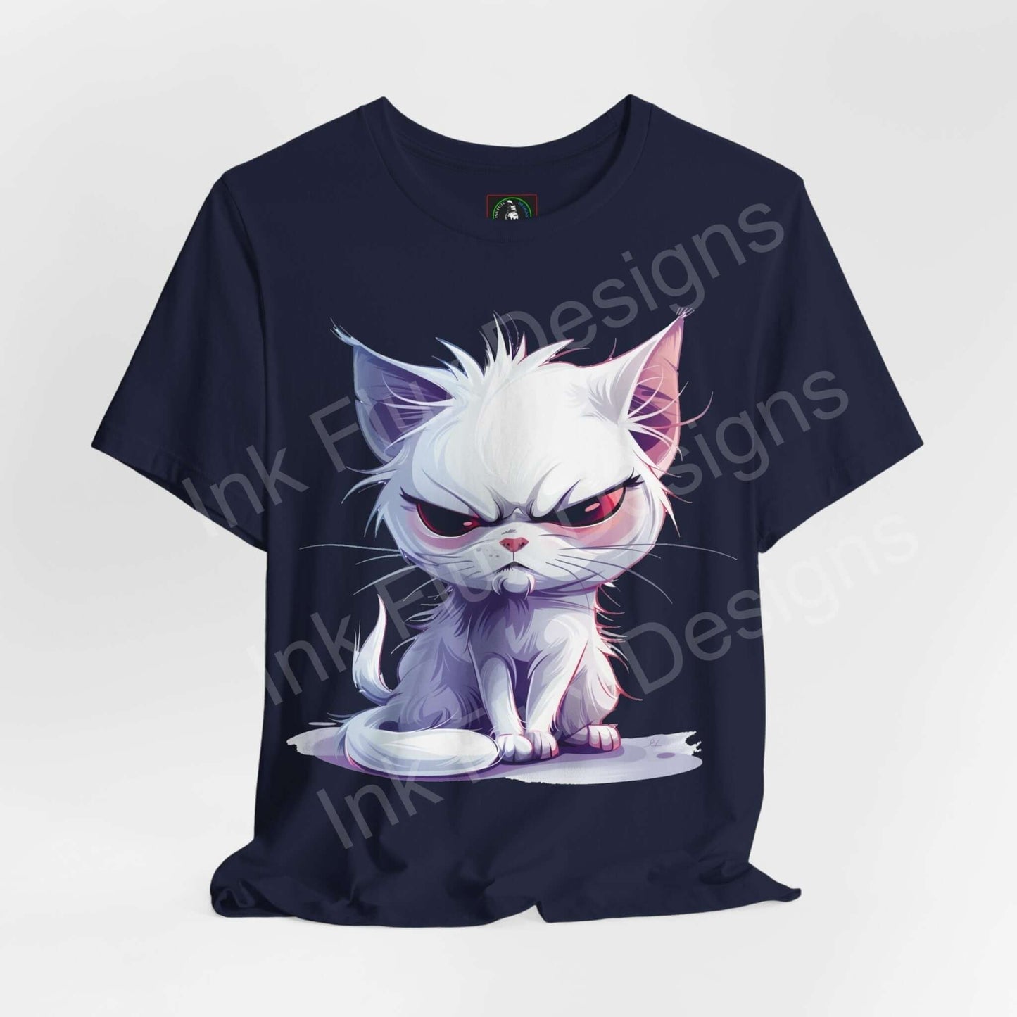 Graphic Tee featuring a grumpy white cat design on a navy blue shirt, ideal for cat lovers and T-shirt enthusiasts.