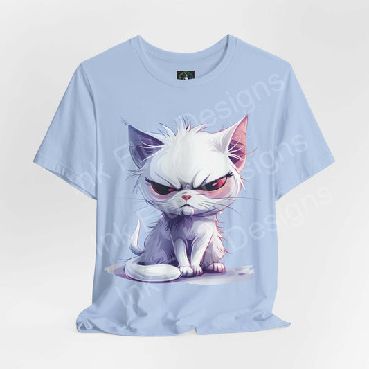 Light blue unisex T-shirt featuring a graphic of a naughty cat, perfect blend of style and comfort, by Bella+Canvas.