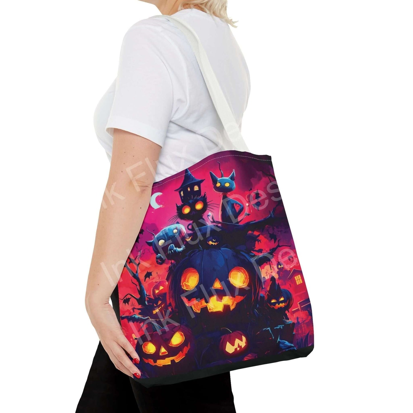 Woman carrying a vibrant Night Jack o' lanterns Tote Bag with Halloween-themed all-over print design in multiple colors.