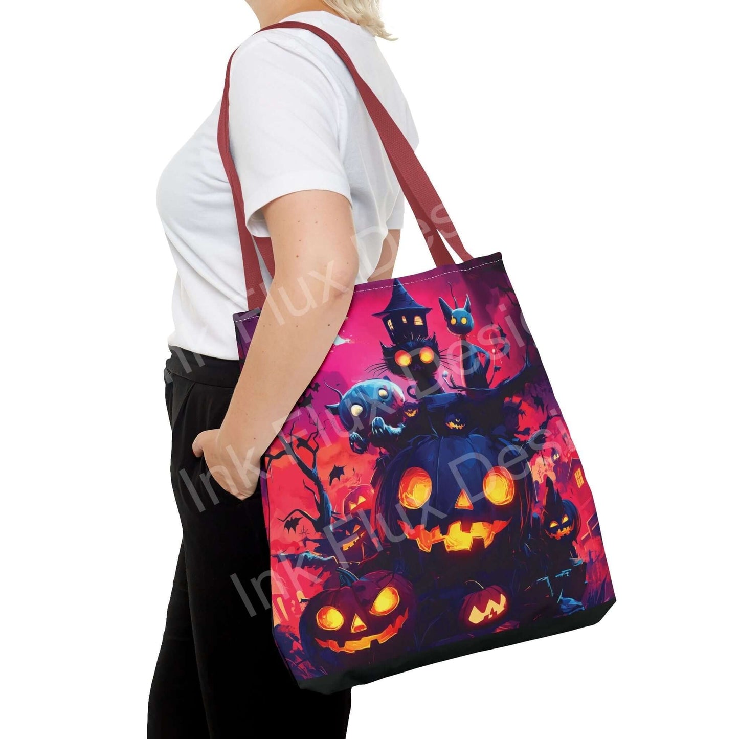 Woman carrying a vibrant Night Jack o'lanterns Tote Bag with colorful Halloween-themed all-over print and red handles