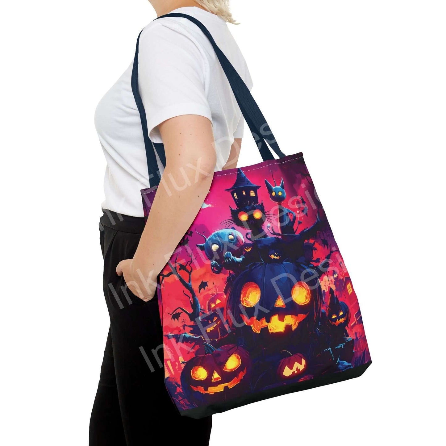 Woman carrying a vibrant Night Jack o' lanterns AOP tote bag featuring spooky Halloween-themed design with colorful bats and pumpkins.