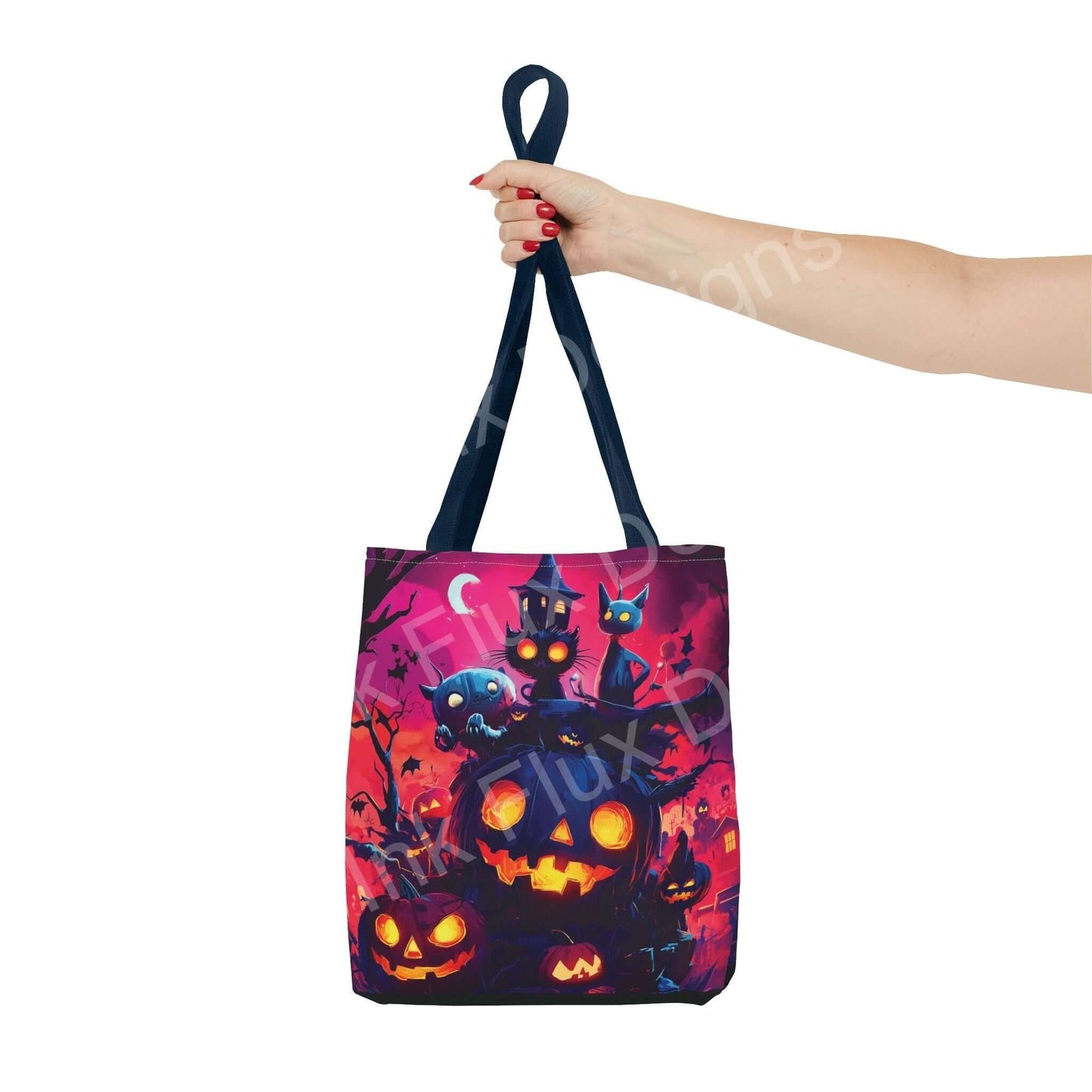 Hand holding a Night Jack o' lanterns Tote Bag featuring vibrant all-over print with spooky motifs, available in multiple sizes and handle colors.